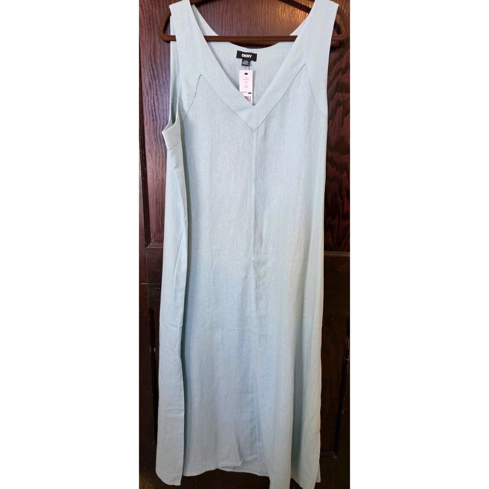 DKNY Dress Linen Blend Long Slits XL Light Blue New With Tags Boho Beach Casual